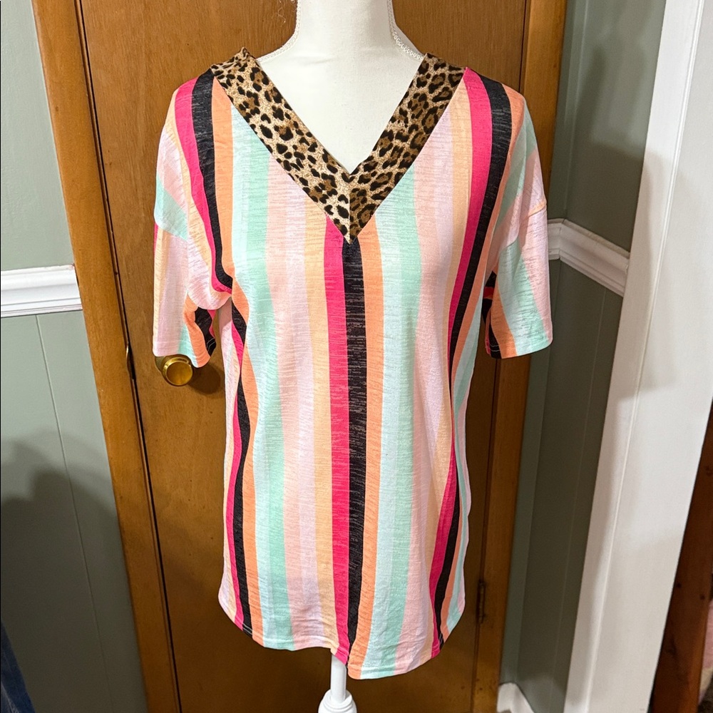 Striped V-Neck Top with Leopard Accent